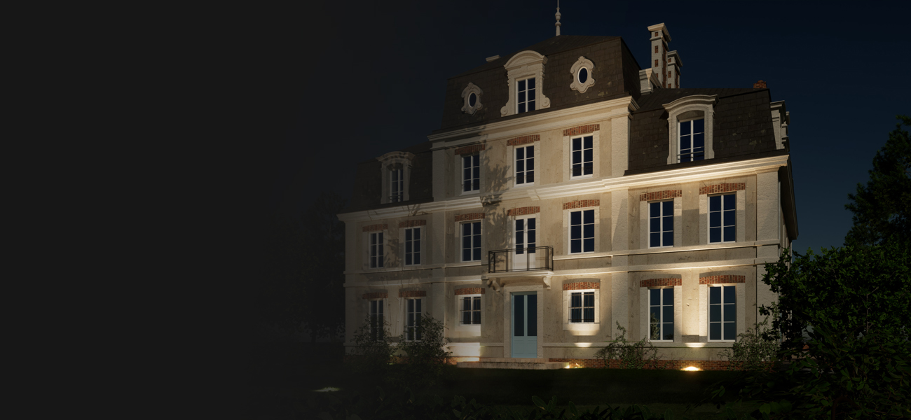 Rendu 3D réaliste d'un château de nuit